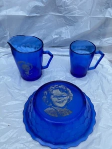 Vintage Lot 1930 Cobalt Blue Shirley Temple Honey Comb Cup, Pitcher, Bowl - Picture 1 of 7