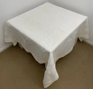 Vintage Cream White Floral Hand Embroidered Small Square Linen Tablecloth 130cm - Picture 1 of 16