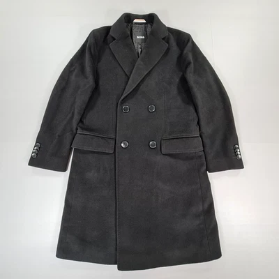 Hugo Boss Mens Coat Black 36 Wool Cashmere Double Breasted H Hyde DB Flaps - Image 1 of 4