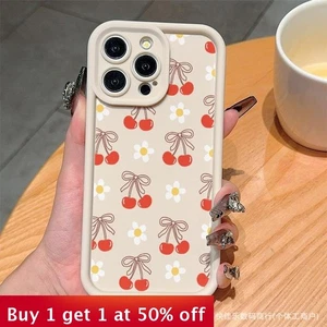 For iPhone 16 Pro Max 15 14 13 12 11 XR XS Phone Cover Fashion Sweet Cherry Bow - Imagen 1 de 7
