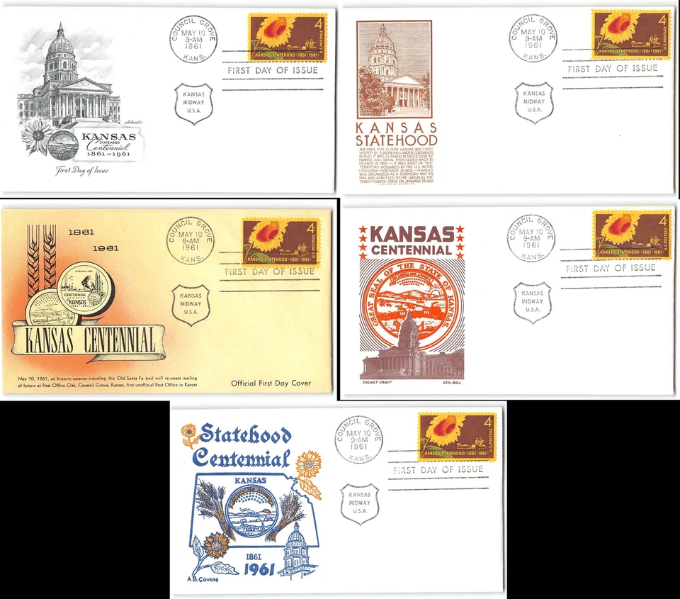 US #1183 5 Different Kansas Statehood FDC's, 1961 - Image 1 of 1