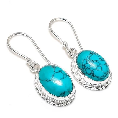 Blue Turquoise Oval Gemstone Handmade 925 Sterling Silver Jewelry Earrings 1.6" - Image 1 of 4