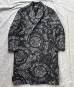 Versace XL Black/Grey Wool/Cashmere Barocco Stencil Double-Breasted Coat - $4950 - Picture 1 of 9