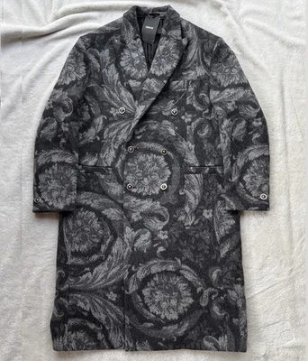 Versace XXL Black/Grey Wool/Cashmere Barocco Stencil Double-Breasted Coat -$4950 - Image 1 of 4