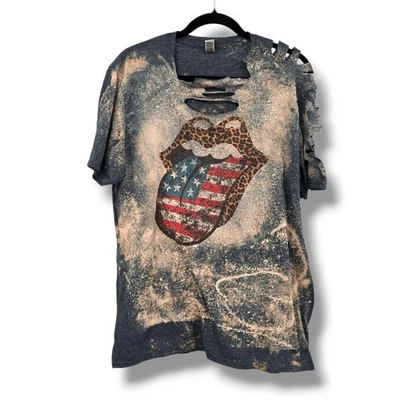 Camiseta con labios rasgados blanqueados bandera americana camiseta gráfica envejecida para mujer grande Foto 1 de 4