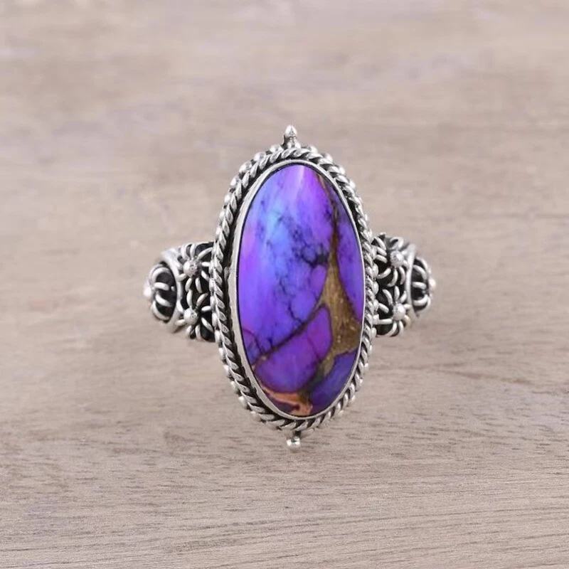 Anel feminino feito à mão de prata esterlina 925 roxo cobre turquesa pedra preciosa - Imagem 1 de 4
