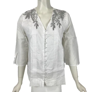 Liz Jordan Blouse White Size 12 Button Front Silver Embroidered Shoulders Cotton - Picture 1 of 14