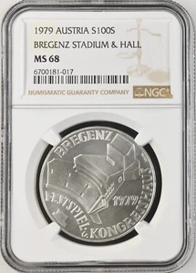 1979 Austria 100 Schilling Bregenz Stadium & Hall Silver Coin Km# 2945 NGC MS 68 - Picture 1 of 4