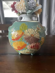 Ransburg handbemalt Blumen blau rund Topf Übertopf Fuß Keramik - Bild 1 von 6