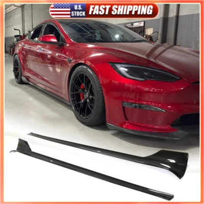 For Tesla Model S Plaid 2021-2024 REAL CARBON Side Skirt Extension Lip Spoiler  - Image 1 of 4