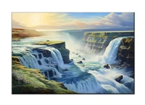 Iceland Painting,Gullfoss waterfall Oil Painting Printed on canvas,Giclee Print - Picture 1 of 8