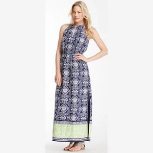 NEW C Wonder Pineapple Scroll Border Maxi Dress Cotton Silk Blue Size L - Picture 1 of 13