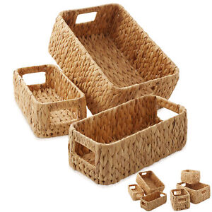 3 Hyacinth Storage Baskets w/ Handles, Woven Bin Organizers for Shelves,