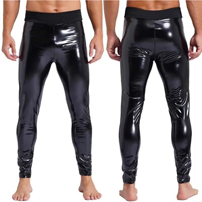 Mens Patent Leather Long Pants Wet Look Compression Stretchy Skinny Trousers - Image 1 of 4