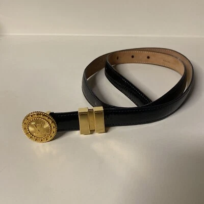 Auténtico Cinturón Circular LOUIS VUITTON Esmalte Negro/Dorado 80/32 LV Raro Patente Piel Foto 1 de 4