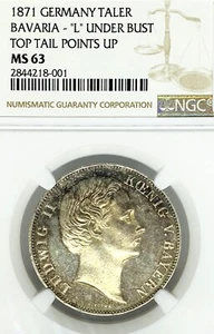 German States Bavaria 1871 Taler Coin Thaler NGC MS 63 Dav 613 F.STG MULE RARE - Picture 1 of 3