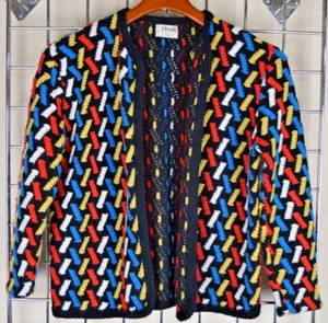 Vintage Knit Sweater Size S/M 60s Rivoli Black Red Blue Yellow White Diagonald - Picture 1 of 7