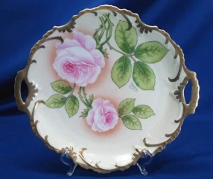 ROYAL MUNICH HAND-PAINTED ARTIST SIGNED PINK ROSES HANDLED 11.5" DIA CHARGER - Picture 1 of 5
