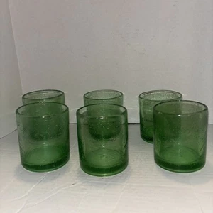 6 Pc Green Hand Blown Thick Art Glass Lowball Whiskey Cocktail Glasses - Picture 1 of 4