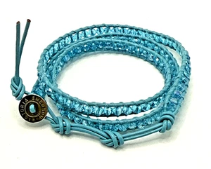 VICTORIA EMERSON Blue Crystals in Leather Wrap Bracelet 20" to 23" - Picture 1 of 7
