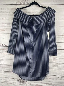 Kensie Shirt Womens Small Blue White Stripe Off Shoulder Button Front Tunic Top - Picture 1 of 8