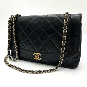 CHANEL Matelassé Diana 25 Chain Shoulder Bag Quilted Black Lambskin Leather Logo - Picture 1 of 24