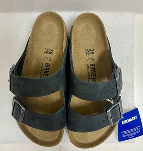 Birkenstock Women’s Arizona Big Buckle Oiled Leather Slides - Black - Unisex - Picture 1 of 6
