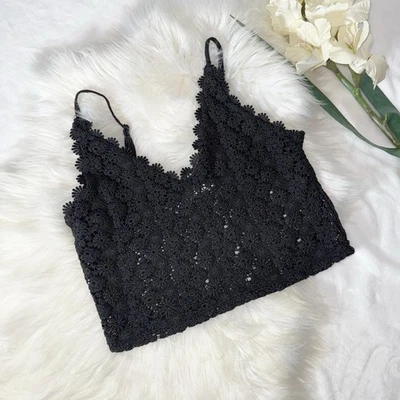 H&M Mediano Negro Encaje Corto Tanque Bralette Cami Floral Crochet Boho Coqueta Foto 1 de 4