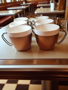 VTG NFC Brown & White Stackable Coffee Cups Set of 6 – USA MCM Metal Handle - Picture 1 of 6