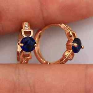 Real Blue Sapphire 1.10 Ct Round Womens Hoop Earring 14K Rose Gold Plated
