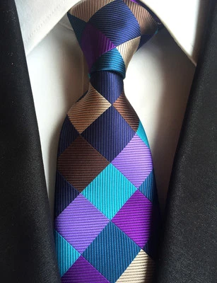 New Classic Checks Purple Blue Brown JACQUARD WOVEN 100% Silk Men's Tie Necktie - Image 1 of 2