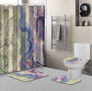 4 PIECE Watercolor Marble Ink Shower Curtain Set with Rugs Purple Green Abstract - Picture 1 of 12