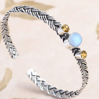 Красивый браслет-манжета из стерлингового серебра 925 пробы с радужным лунным камнем и цитрином - Изображение 1 из 4