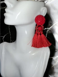 VINTAGE 80s Statement Earrings Pierced Red Faceted Bead Drops Tassel Gold Tone. - Picture 1 of 11