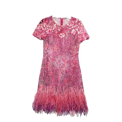 Elie Tahari Lace Ostrich Feather Dress 2 Sheer Sequined Floral Fairy Cocktail 3D - Image 1 of 4