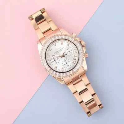 NEW Genoa Finest CZ 5.75ctw Accent Multi-Function Chrono Watch 38mm Rose Gold AB - Image 1 of 4