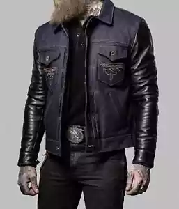 Men's Blue Jeans Style Jacket with leather Sleeves ,Trucker jacket ,Biker Style - Picture 1 of 5