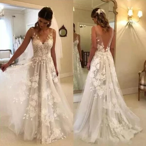 Beach Wedding Dresses A Line V Neck Bridal Gowns with Lace Appliques Backless - Picture 1 of 8