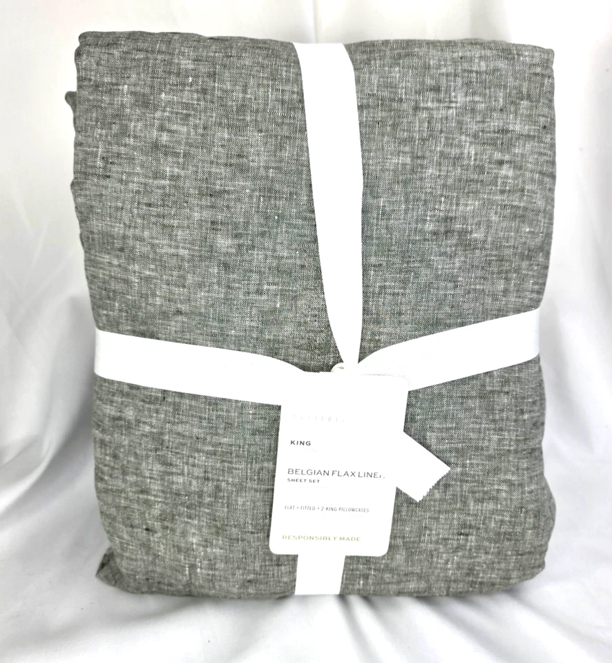 Pottery Barn Belgian Linen King Sheet Set Dark Green NWT  4 Pcs - Image 1 of 4