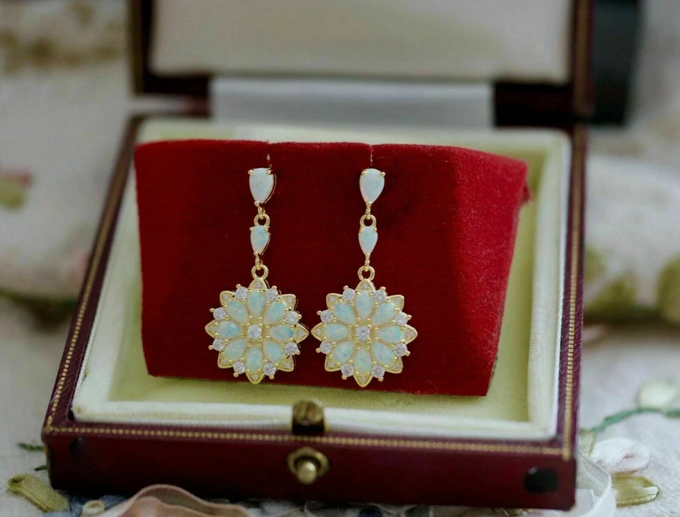 3.00CT Pear Cut Opal Lab Created Drop Dangle Cluster Earrings 14k Gold Plated - Image 1 of 4