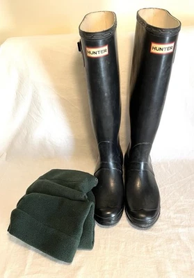 BOTAS ALTAS HUNTER ORIGINALES CON CALCETINES CAZADOR MUJER TALLA 8 NEGRO/VERDE BOSQUE Foto 1 de 4