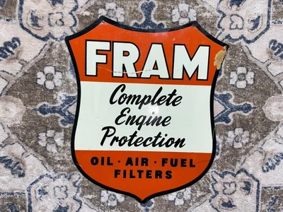 Vintage Original FRAM Oil Air & Fuel Filters Tin Sign Double Sided Collectible - Image 1 of 4