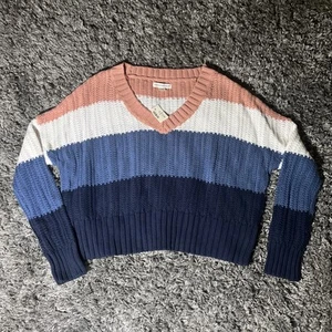 Nuevo con etiquetas Suéter Aeropostale Tejido con Cable Rosa Blanco Azul Rayas Medio Cuello en V Preppy - Imagen 1 de 18