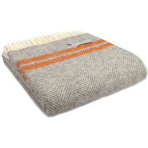 TWEEDMILL TEXTILES KNEE RUG 100% Wool Throw FISHBONE GREY/PUMPKIN ORANGE STRIPE - Picture 1 of 12