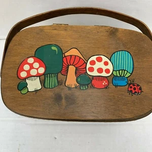 Caro Nan Basket Bag Brown Woven Purse Mushrroms Painted Helen Of Memphis Signed - Picture 1 of 12