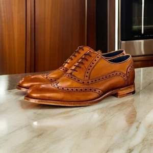 Handmade Men's Brown Wing Tip Brogue Lace Up Business Real Leather Dress Shoes - Picture 1 of 5