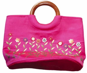 Pinke geblümte Handtasche mit braunen Holzgriffen ca. 30x19x14 cm - Bild 1 von 4
