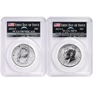 2019-S 50c Apollo 11 50th Ann. Half Dollar 2pc Set PCGS PR70 FDOI Apollo Label - Picture 1 of 2