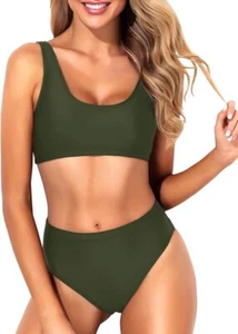 Tempt Me Women Two Piece Scoop Neck Bikini Crop Top Swimsuit Sporty High Waisted - Picture 1 of 45
