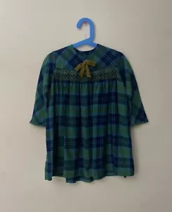 Vintage Polly Flinders Hand Smocked Plaid Dress Girls Size 5 Long Sleeve Bow - Picture 1 of 7